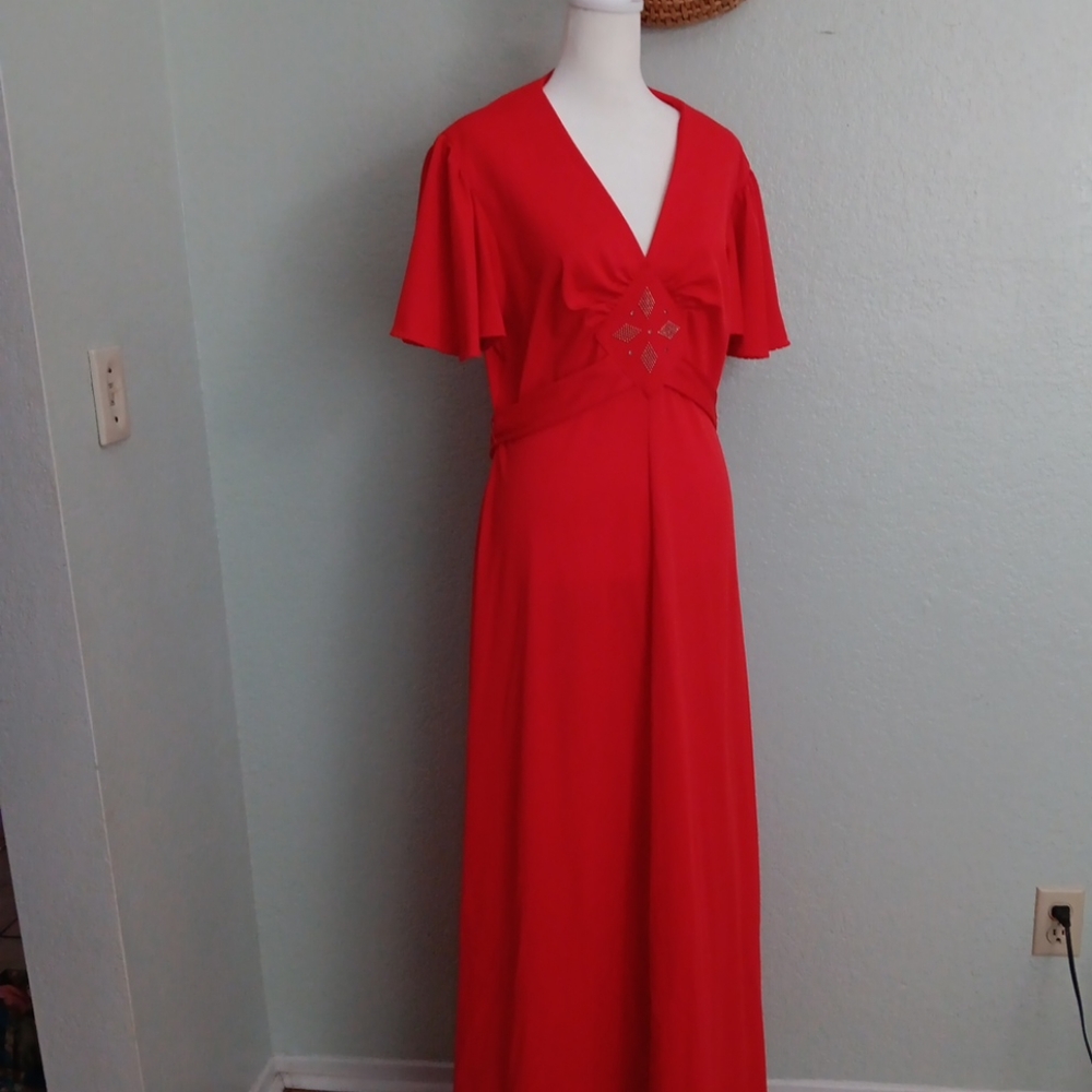 70s vtg orange Embellished maxi dress cape Flutter sleeves sz M/L